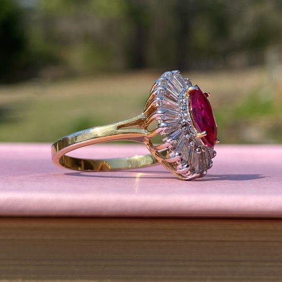 Vintage 18K GE Marquise Baguette Halo Ring Vivid Pink & Clear Stones Size 9 - Picture 3 of 8